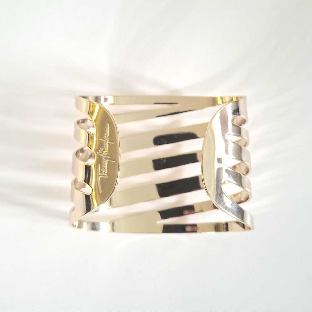 Vintage Thierry Mugler Gold Tone Wide Cuff Statement Piece Bracelet Signed